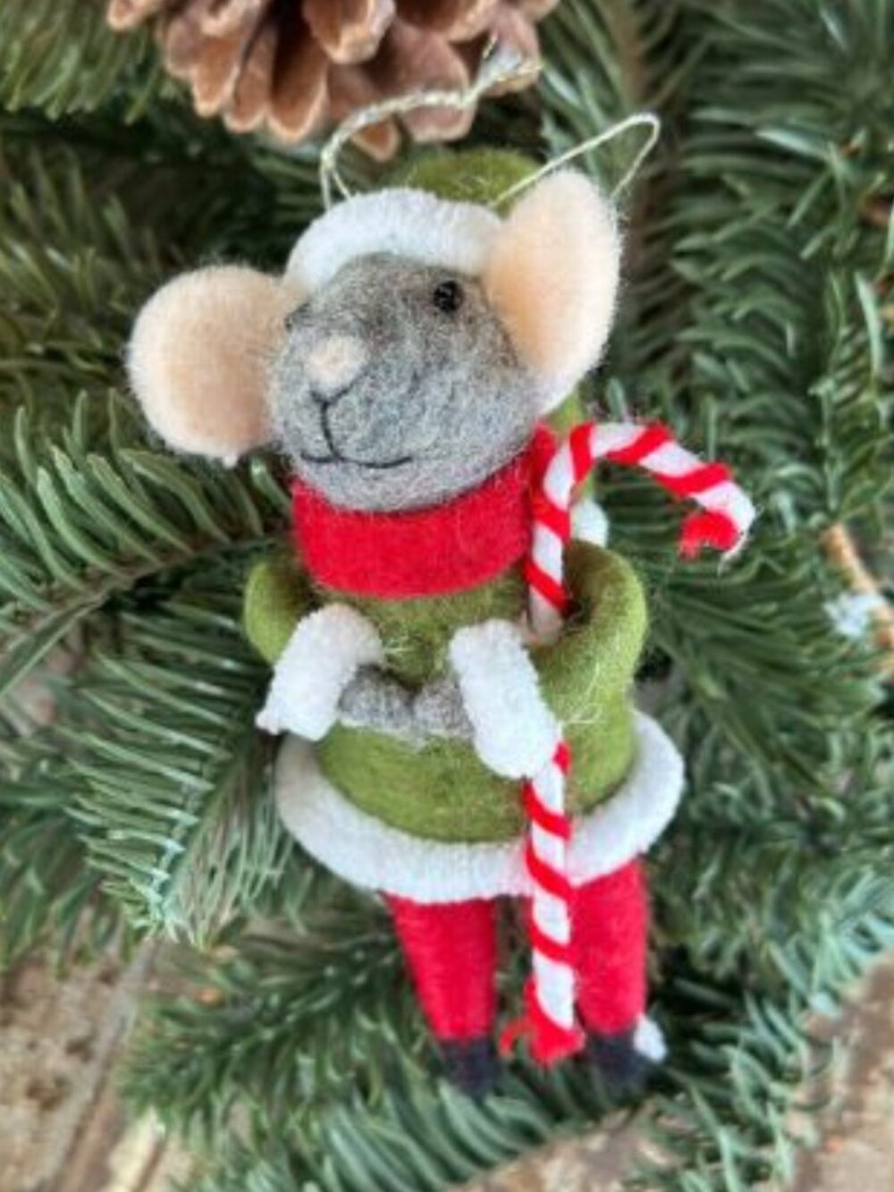 NWT HOLIDAY/CHRISTMAS Wool GRAY Felt Mouse with candy cane 5" ORNAMENT